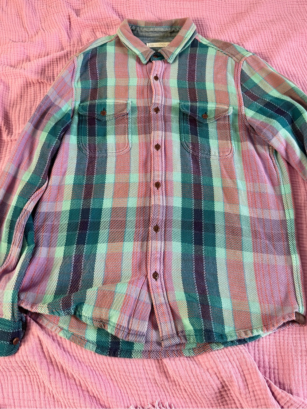 Outerknown Plaid Button-Down Shirt in Mint, Pink, and Teal